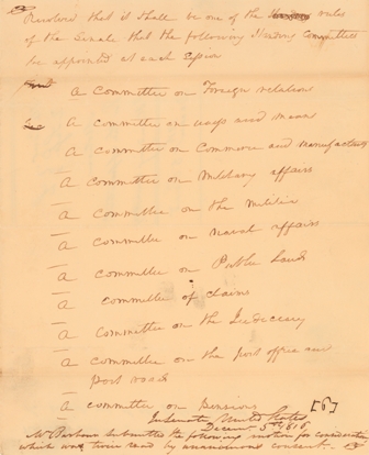 1816 Handwritten Senate Resolution to Establish Standing Committees